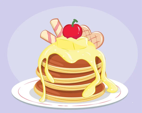 National Pancake Day Vector Pancakes Cherry Butter Vector Pile Pancakes — Stock Vector