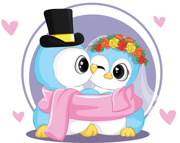 Cute Penguin Couple Hand Drawn Cartoon Animal Character Valentine Day — Stock Vector