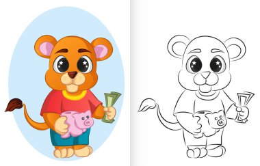 Boyama sayfaları. Hayvanlar. Mutlu şirin aslan domuz kumbarasını tutuyor