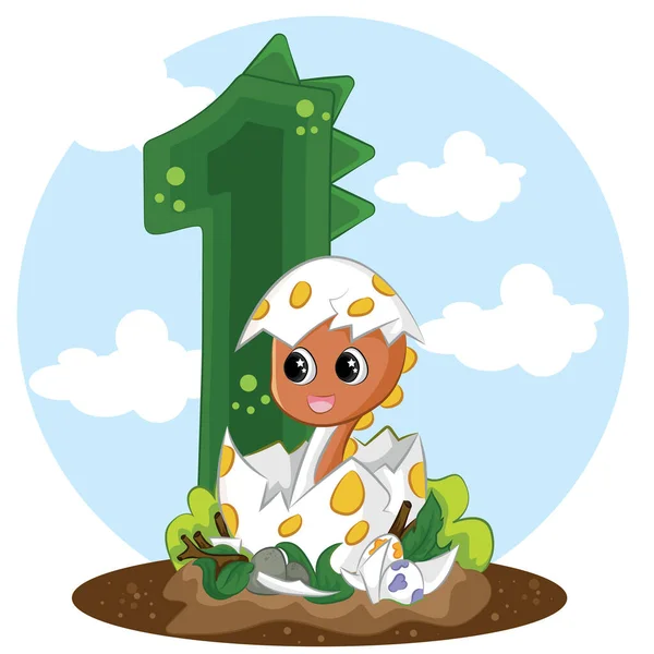 Ilustración Infantil Con Pequeño Numeral Lindo Dinosaurio — Vector de stock