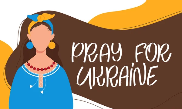 Ukrainian woman in national dress. Pray for Ukraine lettering concept. Banner in colors of the flag. Stop war and protect peace. Vector illustration — Stockvector