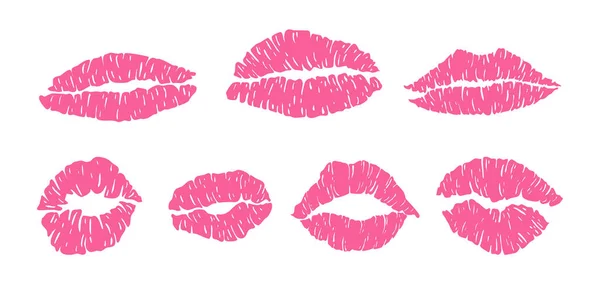 Red mark kisses lipstik pink mouth set. Hand drawn shape beauty sexy silhouette isolated on white background. Vector icon — Stock Vector