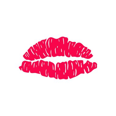 Kırmızı leke ruj pembe dudakları öpüyor. Beyaz arka planda el yapımı güzel seksi siluet izole edilmiş. Vektör simgesi.