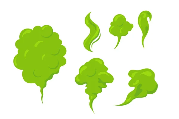 Špatně Rozmazané Mraky Nastaveny Zelený Prdící Toxický Kouř Kreslený Páchnoucí — Stockový vektor
