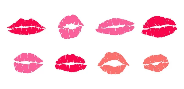 Rojo Marca Besos Lipstik Rosa Boca Conjunto Forma Dibujada Mano — Archivo Imágenes Vectoriales