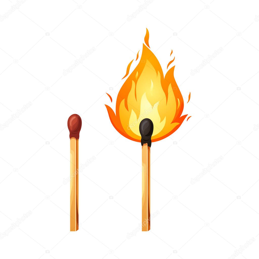 Burnt match stick with fire. Whole, ignite wooden matchstick. Cartoon safety isolated on white background. Vector set.