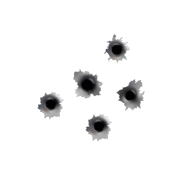 枪弹孔或手枪子弹孔 射中金属单孔和双孔 表面的破坏和裂缝 背景上孤立的病媒 — 图库矢量图片