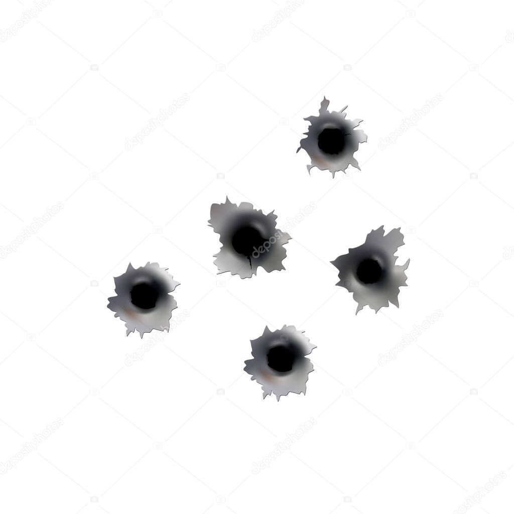Bullet holes of gun or pistol. Shoot in metal single and double hole. Damage and cracks on surface. Vector isolated on background.