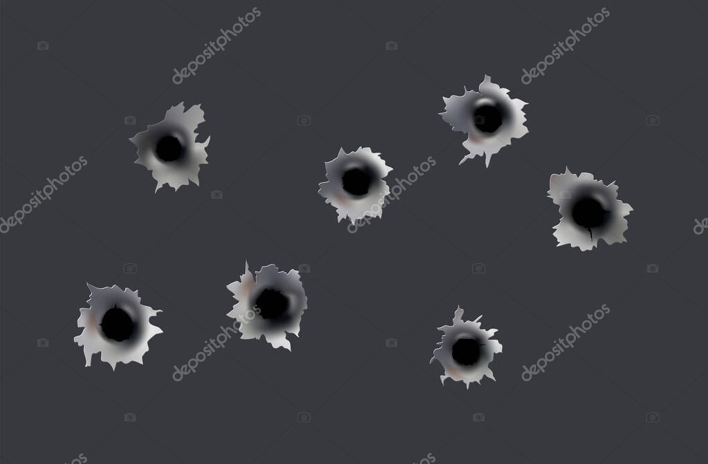 Bullet holes of gun or pistol. Shoot in metal single and double hole. Damage and cracks on surface. Vector isolated on background.