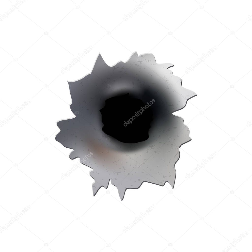 Bullet holes of gun or pistol. Shoot in metal single and double hole. Damage and cracks on surface. Vector isolated on background.