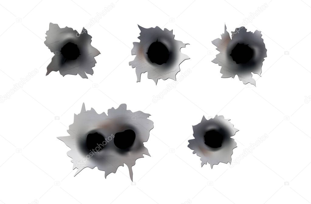 Bullet holes of gun or pistol. Shoot in metal single and double hole. Damage and cracks on surface. Vector isolated on background.