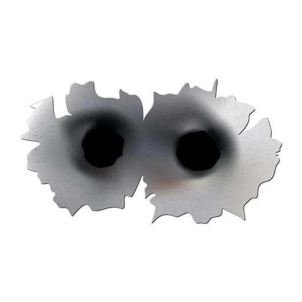 枪弹孔或手枪子弹孔 射中金属单孔和双孔 表面的破坏和裂缝 背景上孤立的病媒 — 图库矢量图片