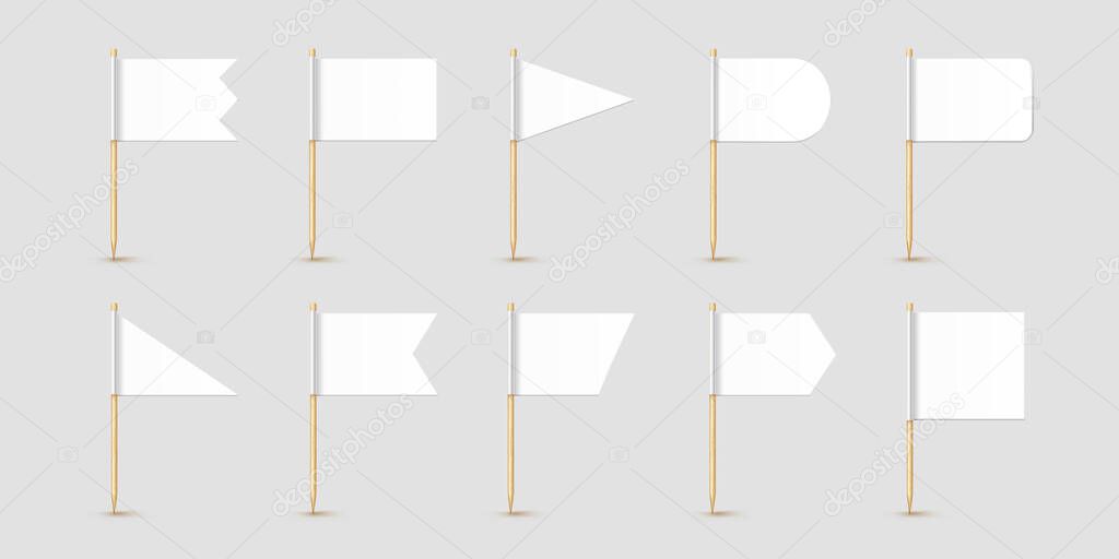 Toothpick flags isolated on wood stick with white paper. Realistic little tooth pick for lunch. Vector cocktail decoration.