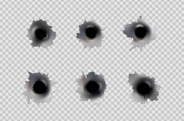 Bullet holes of gun or pistol. Shoot in metal single and double hole. Damage and cracks on surface. Vector isolated on background. clipart