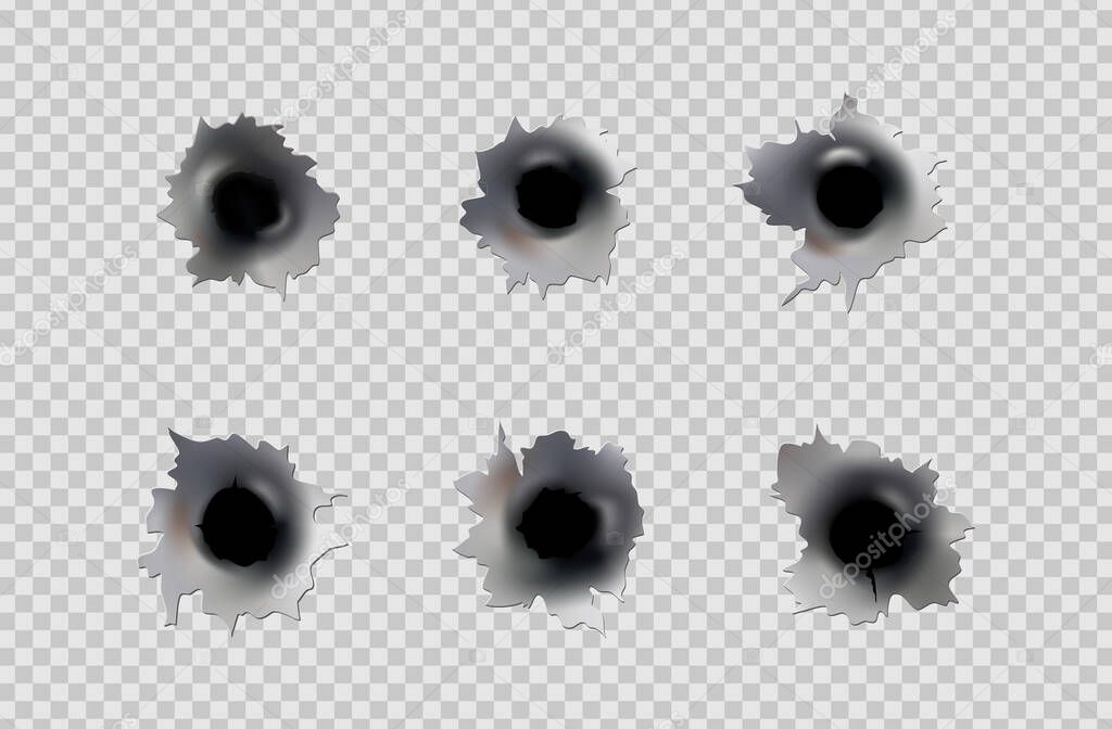 Bullet holes of gun or pistol. Shoot in metal single and double hole. Damage and cracks on surface. Vector isolated on background.