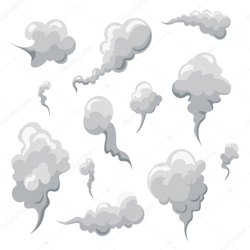 Smoke smell clouds in cartoon. White fog isolated clipart.Puff of wind, steam, smog, dust. Vector illustration.