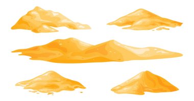 Kum yığını, yığın, kumlu kum tepeciği beyaz arka planda izole edilmiş. Üretim malzemelerinin dekoratif tasarım unsuru. Çizgi film vektör illüstrasyonu.