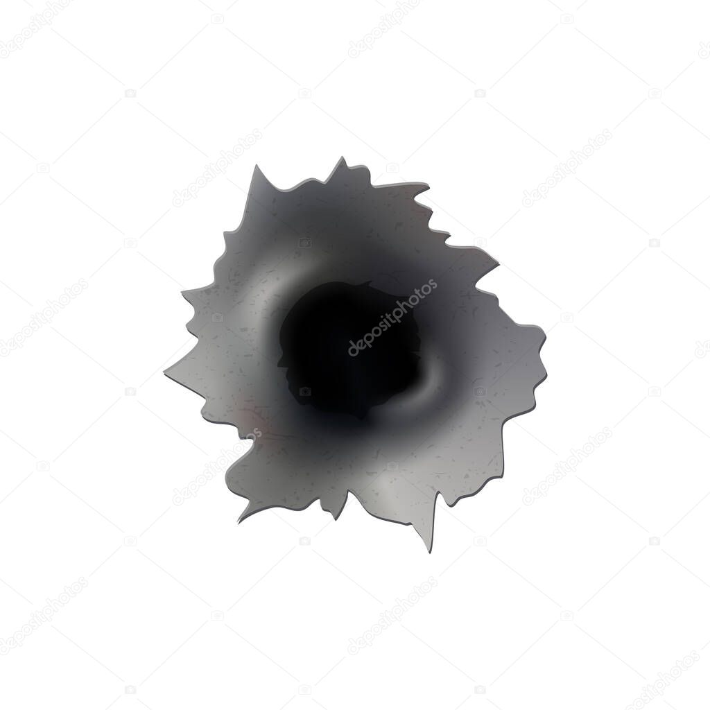 Bullet holes of gun or pistol. Shoot in metal single and double hole. Damage and cracks on surface. Vector isolated on background.