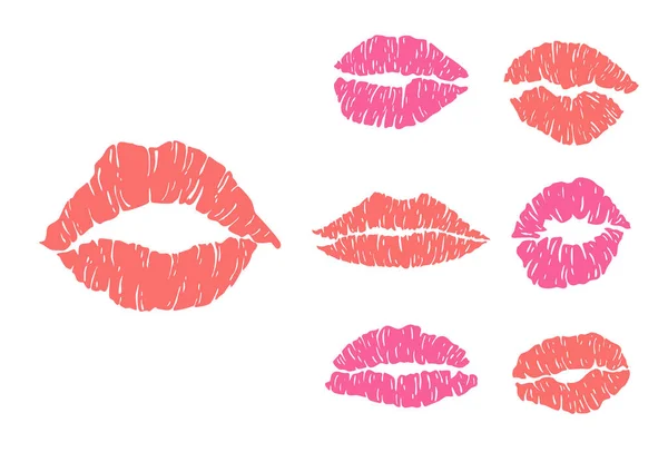 赤いマークのキス口紅ピンクの口セット 白地に隔離された手描きの造形美セクシーシルエット ベクトルアイコン — ストックベクタ
