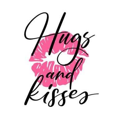 Hugs and kisses lettering quote mark kiss silhouette isolated on white background. Stamp makeup printfrom mouth. Vector illustration.