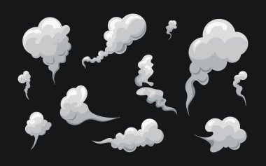 Çizgi filmdeki duman bulutların kokusunu alır. Beyaz sis izole edilmiş klitoris. Rüzgâr, buhar, sis, toz. Vektör illüstrasyonu.