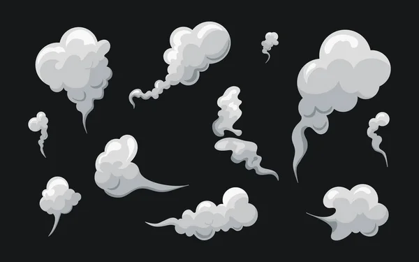 Çizgi filmdeki duman bulutların kokusunu alır. Beyaz sis izole edilmiş klitoris. Rüzgâr, buhar, sis, toz. Vektör illüstrasyonu.