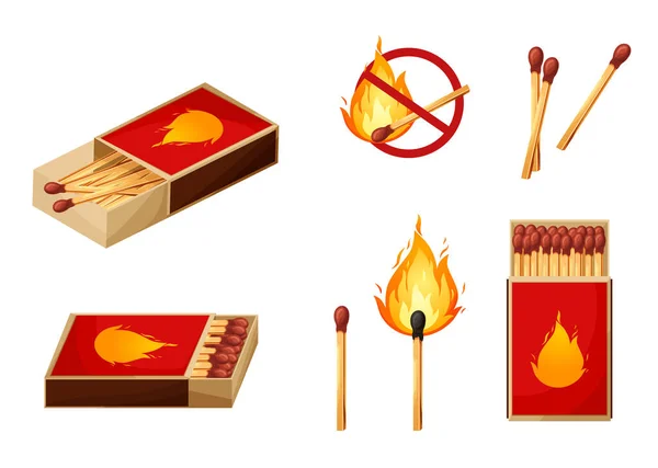 Burnt Match Stick Fire Matchbox Set Boxes Opened Close Isplated — Image vectorielle