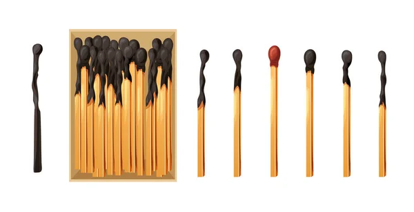 Match Box Burnt Sticks Set Matchsticks Sulfur Head Flaming Stages — Vetor de Stock