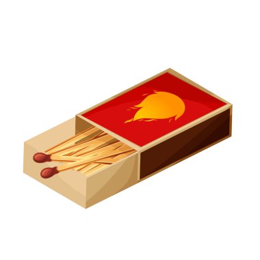 Match box with burnt sticks. Set of matchsticks. Cartoon spark bonfire vector illustration.