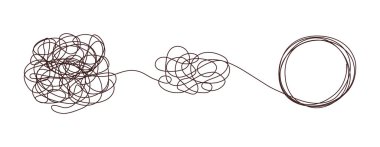 Karmaşa, psikoterapi konsepti. Bir satırda iş tasarımı, düzen teorisi. Grafik çözeltisi. Beyaz arkaplanda izole edilmiş vektör nesnesi.