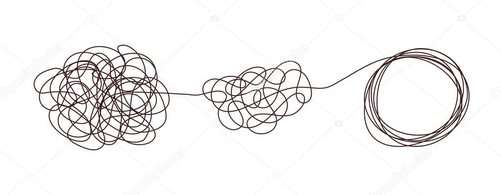 Tangle chaos, psychoterapy concept. Business design in one line, order theory. Doodle graphic spiral solution. Vector object isolated on white background.