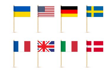 National toothpick flag isolated on wood stick with white paper. Realistic little tooth pick for lunch. Vector cocktail decoration.