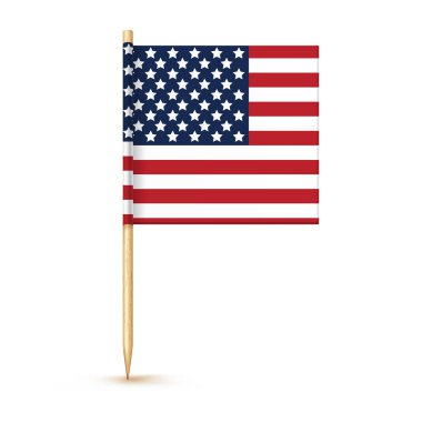 USA toothpick flag isolated on wood stick with white paper. Realistic little tooth pick for lunch. Vector cocktail decoration.