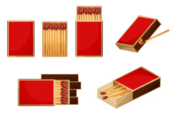 Match Box Burnt Sticks Set Matchsticks Sulfur Head Flaming Stages — 图库矢量图片