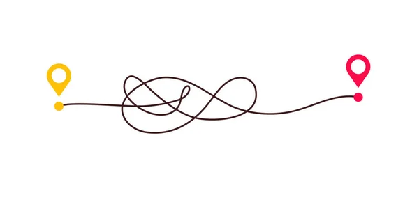 从A点到B点的复杂道路和简单道路计划和现实生活的混乱简化 弯曲的虚线矢量说明 — 图库矢量图片