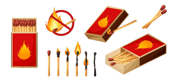 Burnt match stick with fire and matchbox. Set of boxes, opened and close isplated on white background. Vector illustration.