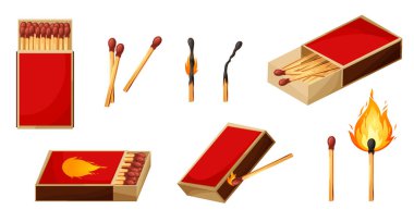 Burnt match stick with fire and matchbox. Set of boxes, opened and close isplated on white background. Vector illustration.