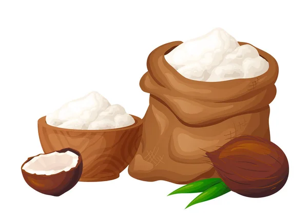Mąka Kokosowa Drewnianej Misce Nasionami Zdrowe Jedzenie Bezglutenowe Proszek Produkcie — Wektor stockowy