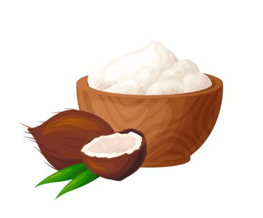 Tahta kasede tohumlu hindistan cevizi unu. Sağlıklı glütensiz yemek. Organik ürünlerde toz halinde. Vektör illüstrasyonu beyaz arkaplanda izole edildi.