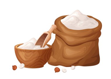 Tahta kasede tohumlu kinoa unu. Sağlıklı glütensiz yemek. Organik ürünlerde toz halinde. Vektör illüstrasyonu beyaz arkaplanda izole edildi.