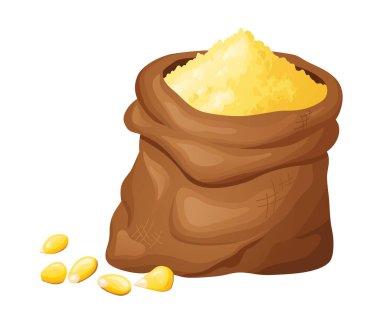 Tahta kasede tohumlu mısır unu. Sağlıklı glütensiz yemek. Organik ürünlerde toz halinde. Vektör illüstrasyonu beyaz arkaplanda izole edildi.