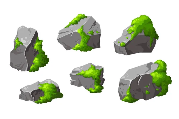 Establecer Piedras Grises Con Musgo Verde Elemento Del Bosque Roca — Archivo Imágenes Vectoriales