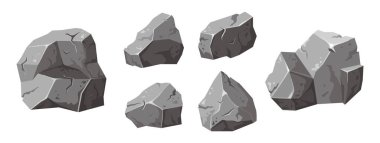 Stones 'u sağlam doğal yapı malzemesi yap. Manzara elementi. Kömür siyah mineral kayası. Çakıl taşları, gri yığın izole vektör çizimi.