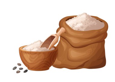 Tahta kasede çekirdekli Chia unu. Sağlıklı glütensiz yemek. Organik ürünler. Vektör illüstrasyonu beyaz arkaplanda izole edildi.