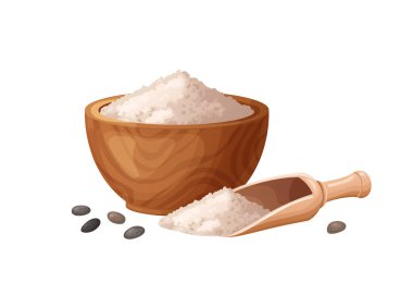 Tahta kasede çekirdekli Chia unu. Sağlıklı glütensiz yemek. Organik ürünler. Vektör illüstrasyonu beyaz arkaplanda izole edildi.