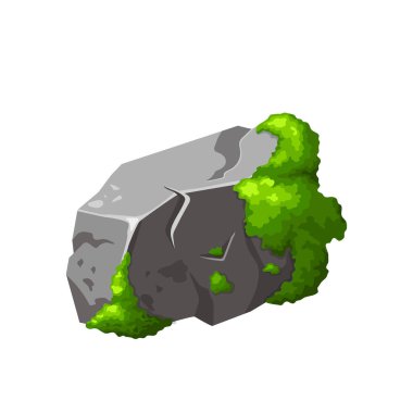 Yosunlu orman kayası. Çizgi filmde kırılan gri taş. Dağ, doğal tasarım şeklinin bir parçası. Vektör illüstrasyonu.