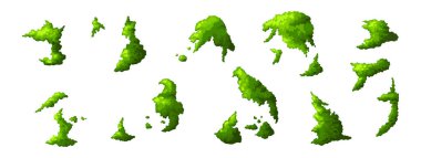 Farklı şekillerde yeşil bataklık yosunu. Ormanda bitki yetiştirmek ve doğa oyunları oynamak. Beyaz arkaplanda izole edilmiş grafik şablonu. Vektör illüstrasyonu.