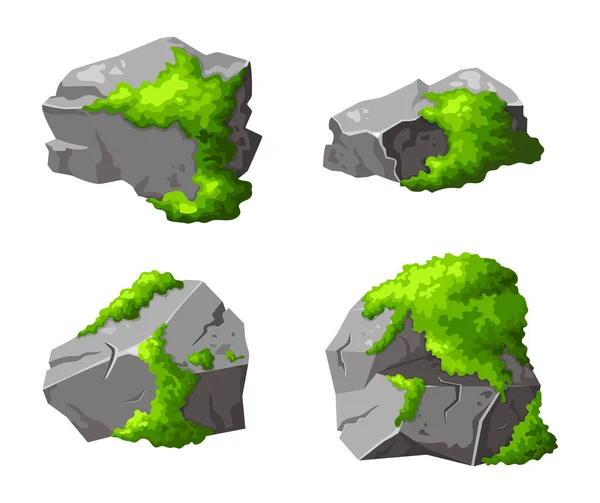 Definir Pedras Cinzentas Com Musgo Verde Elemento Floresta Rocha Montain — Vetor de Stock