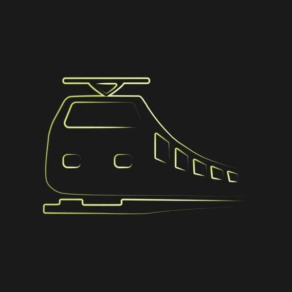 Neon modern tren logosu siyah arka planda izole edildi. Ulaşım ve demiryolu kavramında tasarım öğesi. Vektör çizimi. EPS10.