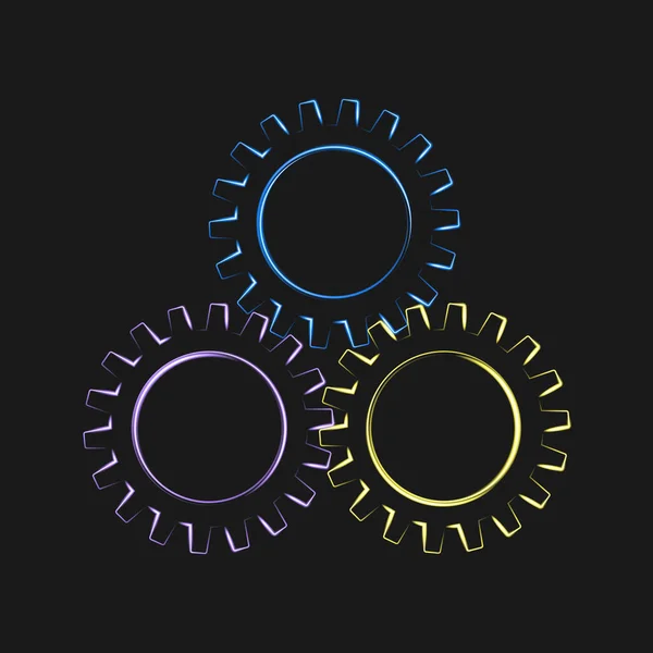 Ícone de roda de engrenagem brilhante de néon isolado no fundo preto. Elemento de design no conceito de tecnologia, mecanismo, fabricação. Ilustração vetorial. EPS10. — Vetor de Stock